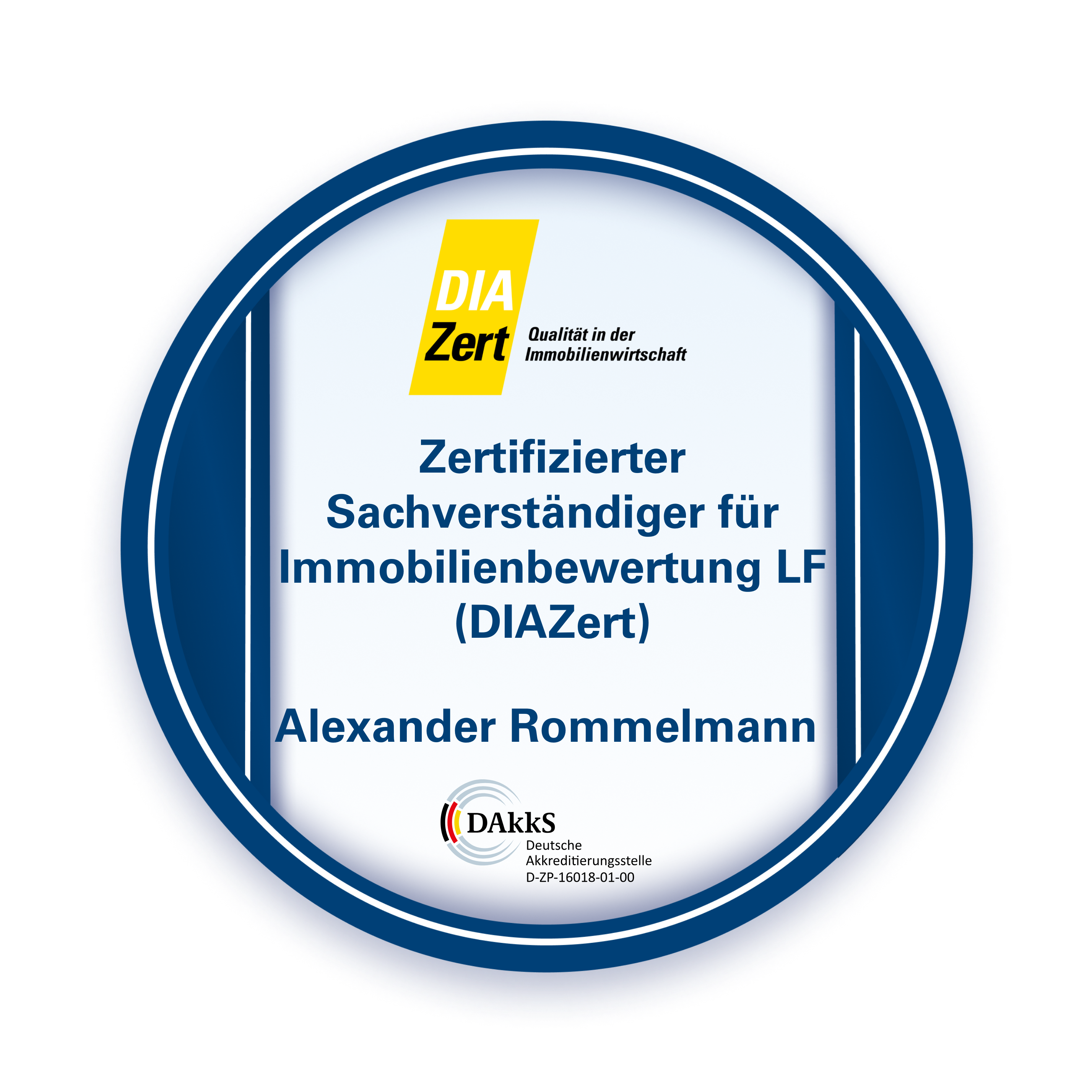 DIAZert-Badge: Alexander Rommelmann, zertifizierter Sachverständiger für Immobilienbewertung LF